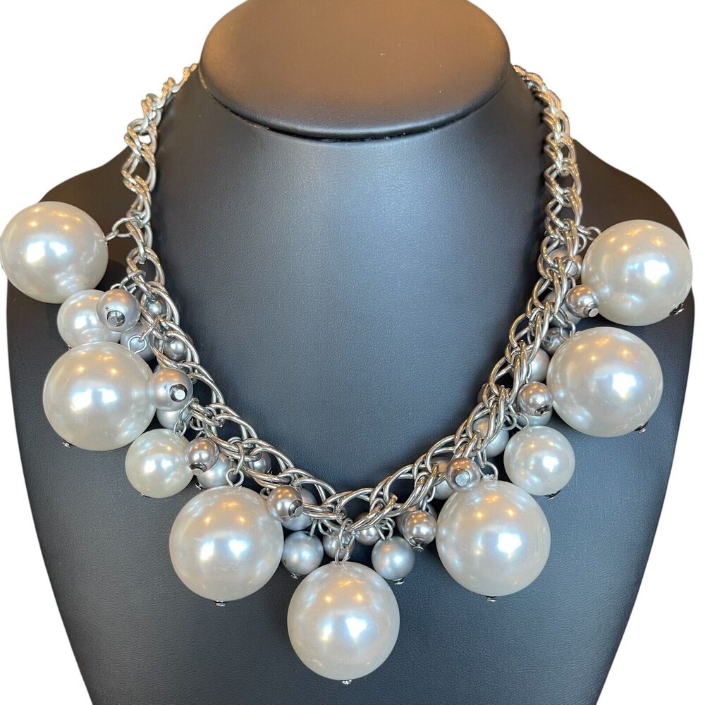 New York & Co Faux Pearl Statement Necklace Chunky Chain Cluster Beaded Bib